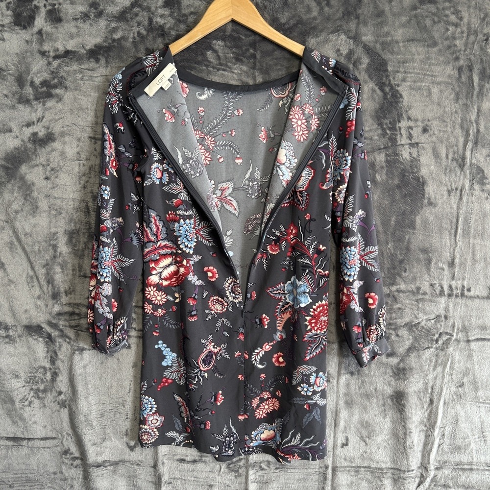 LOFT Women's 00P Petite Floral Micro Mini Dress Long Sleeve‎ Boho Zip Boat Neck - Picture 11 of 16